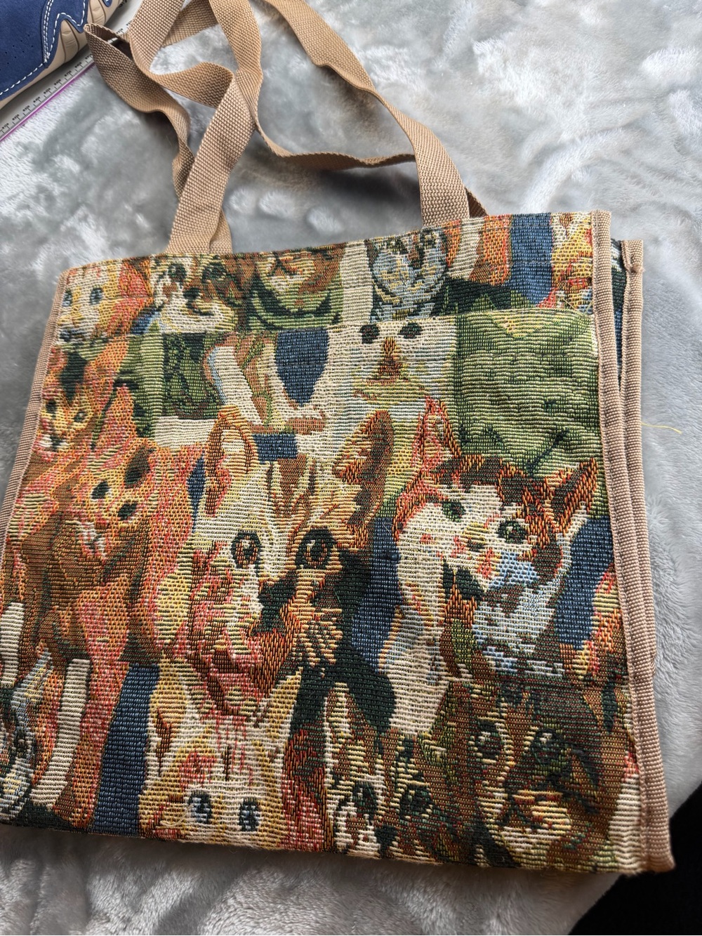 Multicolor Cat-Print Woven Tote Bag with Tan Straps